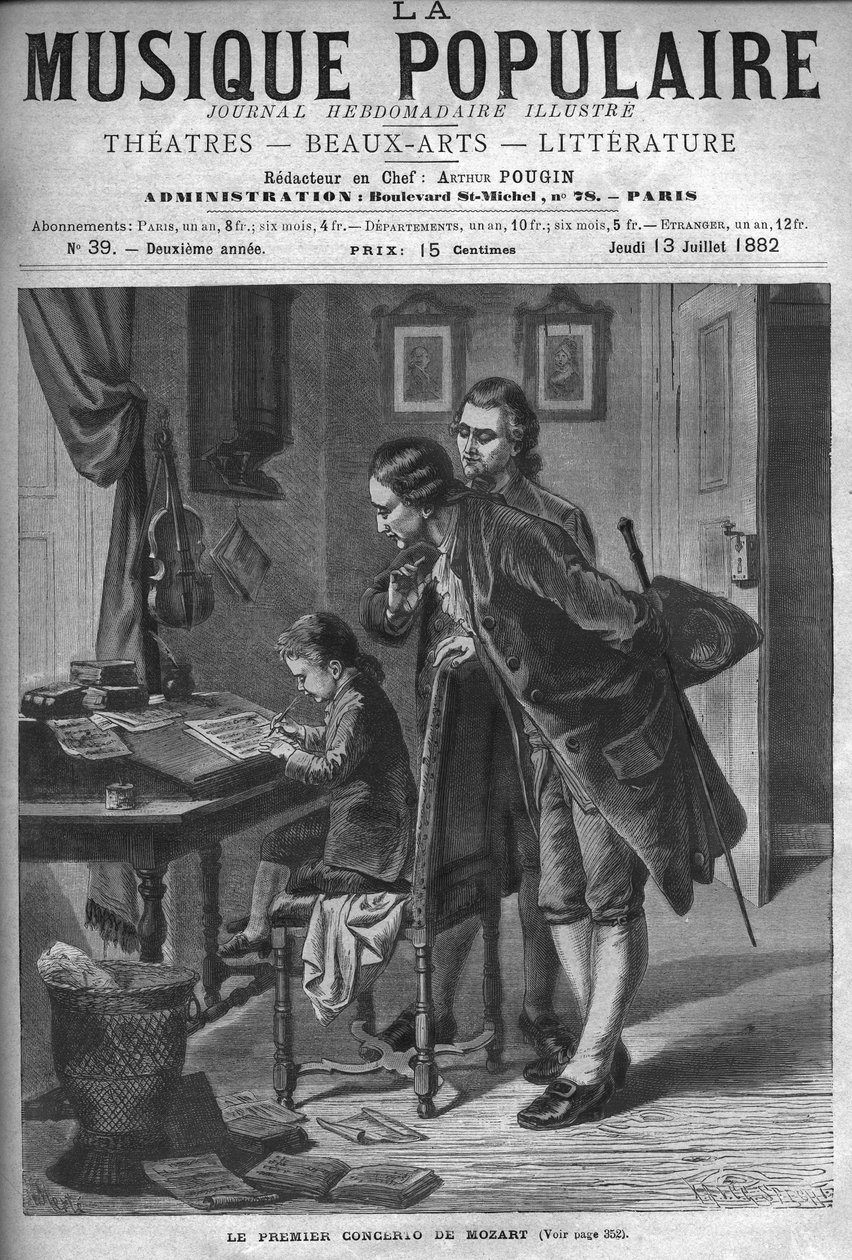 Wolfang Amadeus Mozart writing a concerto for harpsichord in the presence of his father Leopold and Andreas Schachtner in 1762 - engraving in “” Popular Music””” illustrated weekly newspaper - 1882 av Unknown artist
