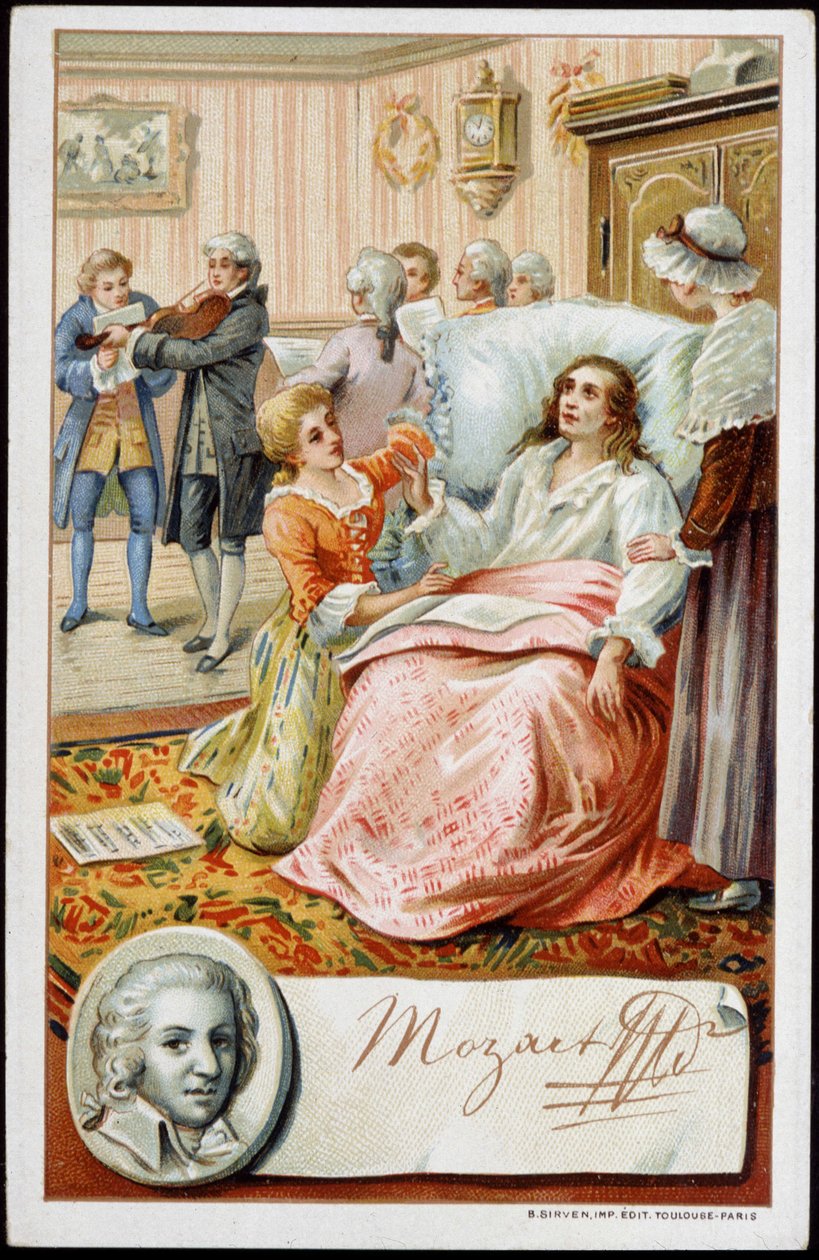 Wolfgang Amadeus Mozart (1756-1791) i de siste dagene av sitt liv. Kromolitografi fra 1800-tallet av Unknown artist
