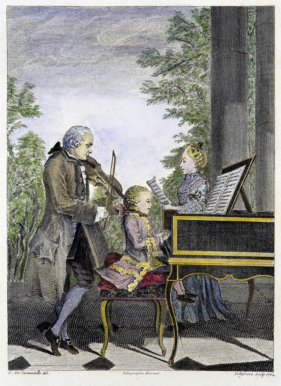 Wolfgang Amadeus Mozart barn på piano omgitt av sin far Leopold på fiolin og søsteren Marianne på sang - gravering av Unknown artist