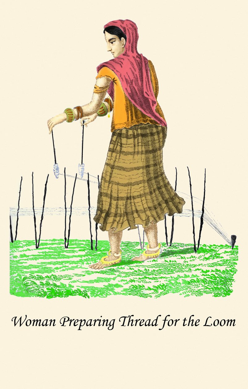 Kvinne forbereder tråd til vevstol av Unknown Artist