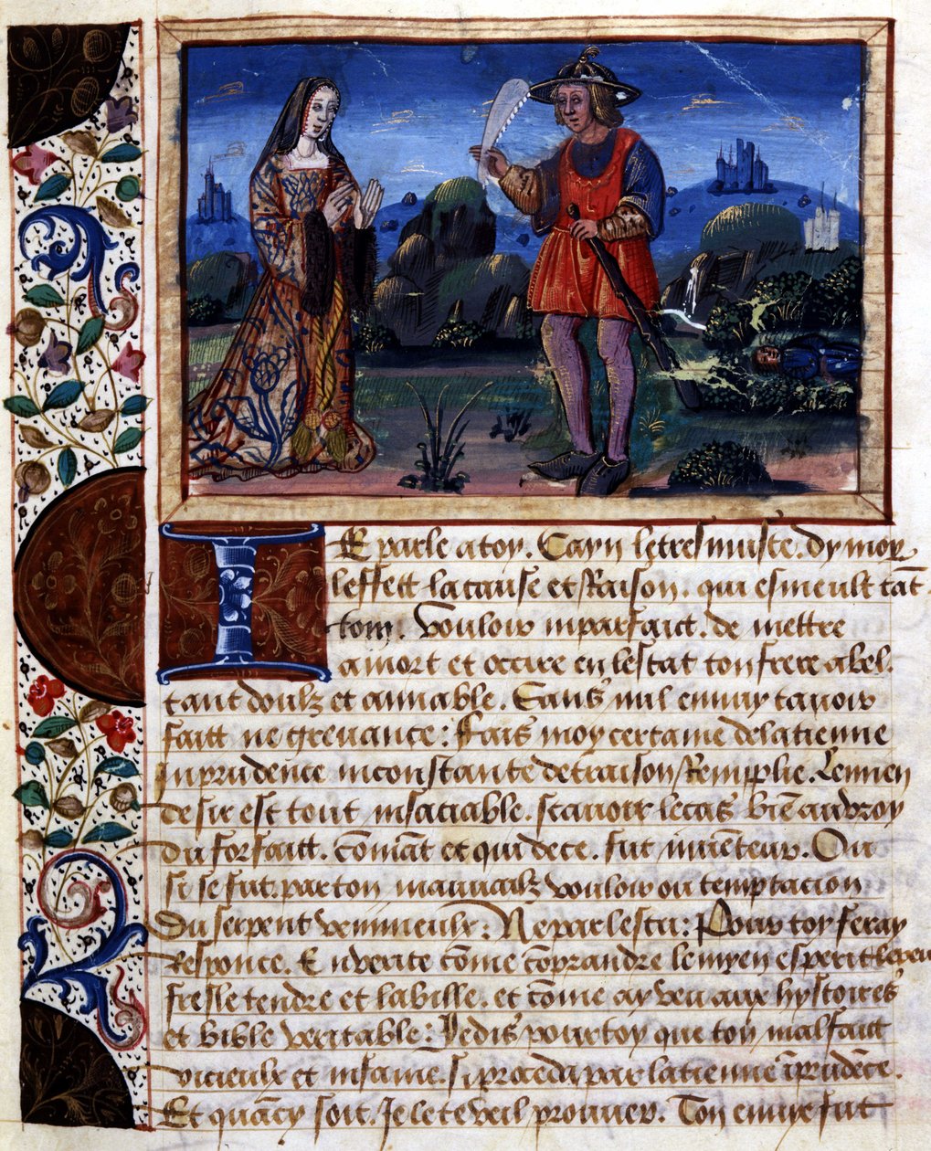 Kvinne og mann i landskap - belysning, i "" Book of pudens and impudens of the ages passs"" av Catherine d