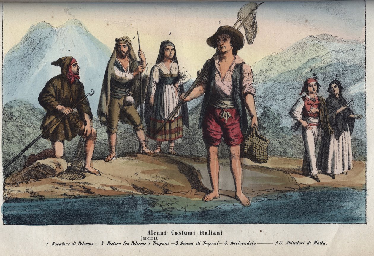 Women and men wearing traditional Sicilian costumes - Pescatore di Palermo, pastore fra Palermo e Trapani, donna di Trapani, pescivendolo, abitatori di Malta. engraving from “” Usi e Costumi di Tutti i i Popoli dell