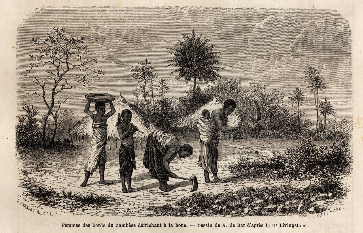 Kvinner fra bredden av Zambeze defriching en hakke, og introduserer barn til landbruksarbeid. Gravering for å illustrere Dr. Livingstones første reiser til Sør-Afrika fra 1840 til 1856, i «Le tour du monde, nouveau journal des voyages»» publisert av Unknown artist