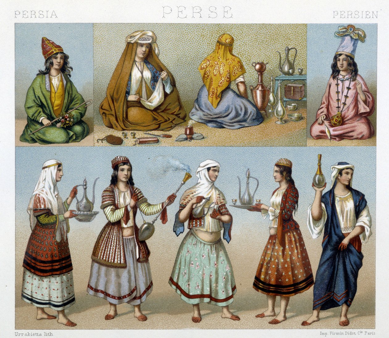 Kvinner tilbereder te og kvinnelige kostymer i Persia - i "" Den historiske kostymen"" av Racinet av Unknown artist