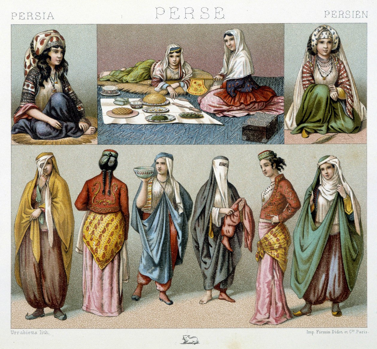 Kvinnemåltid og kvinnekostymer i Persia - i "" Den historiske drakten"" av Racinet av Unknown artist