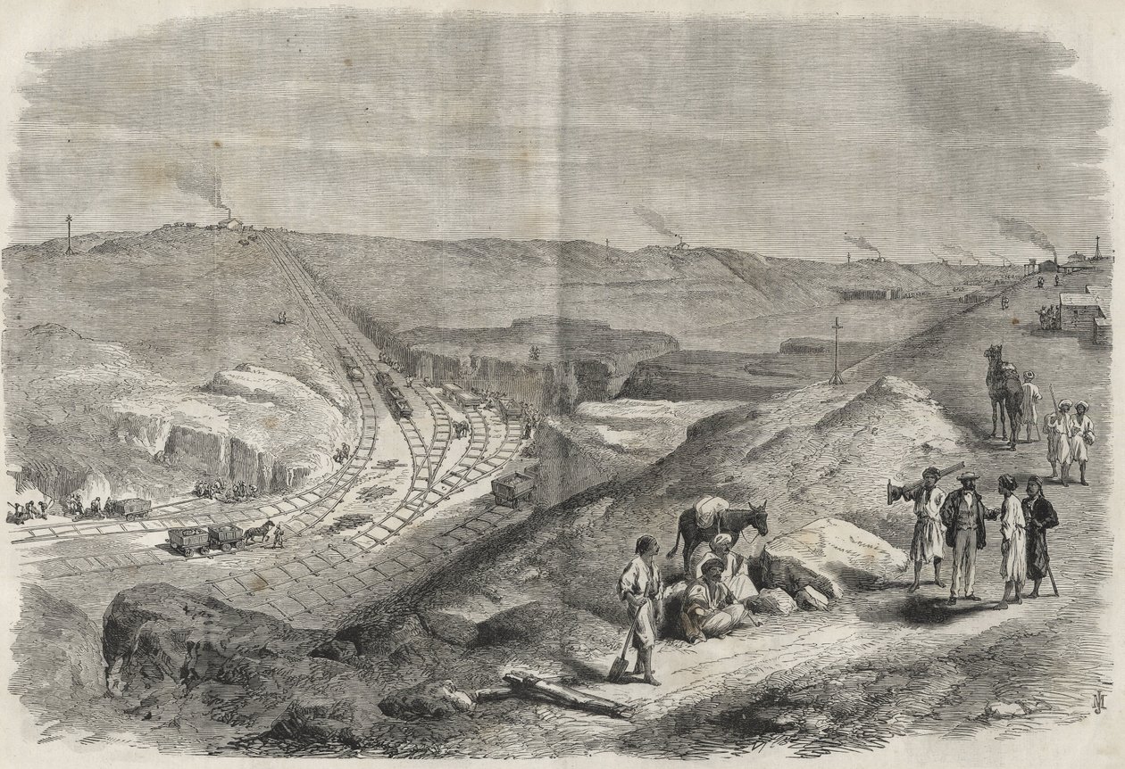Arbeid på Suez-kanalen 1864 - Byggeplass og borearbeid på Suez-kanalen i 1864 (Chaluf Tranchee) - av Unknown artist