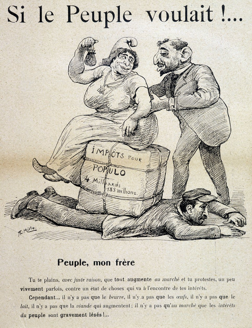 Arbeider knust av "skatter for populo"" - tegneserie, sent på 1800-tallet av Unknown artist