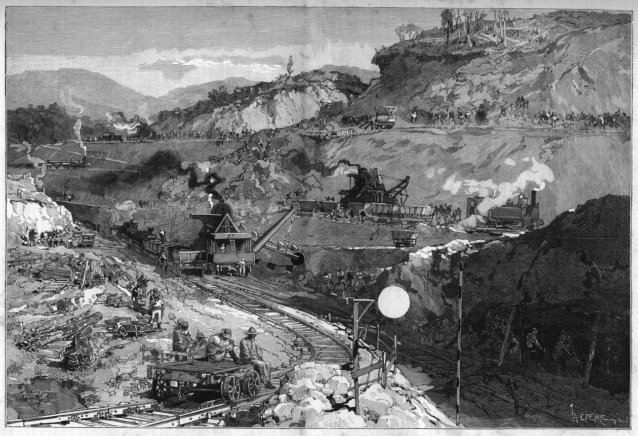 Arbeider på grøftstedet i Nedre Obispo (Bas Opispo) for byggingen av Panamakanalen. Gravering i "" Le Monde Illustré"" av Unknown artist