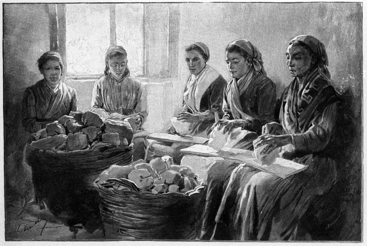Arbeidere som kvister pimpstein Lipari Sicilia gravering fra 1800-tallet av Unknown artist