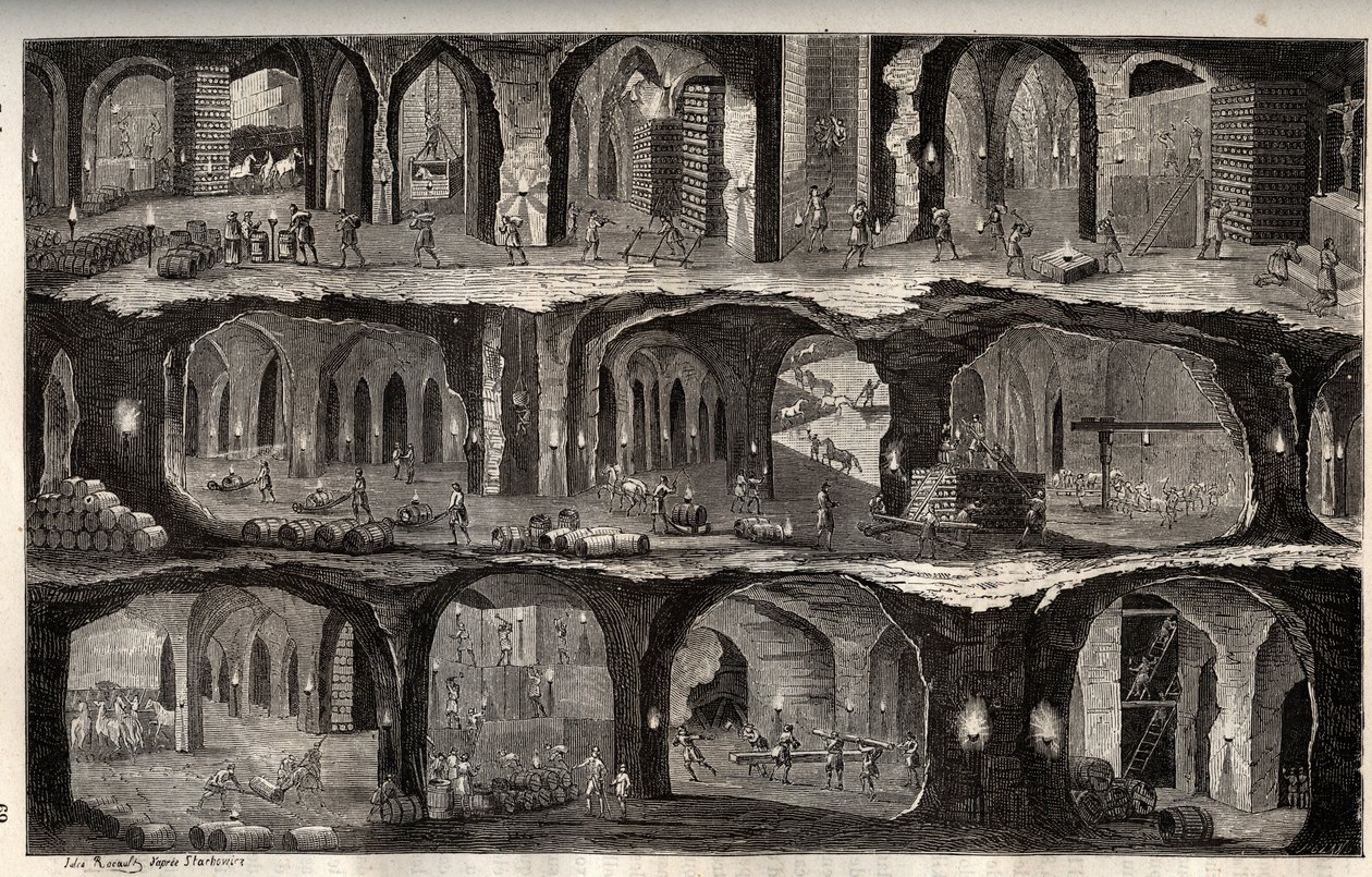 Working in the Wieliczka Salt Mine - mining town in Poland - View of underground works in the salt mines of Wieliska, in Gallicie - engraving in 