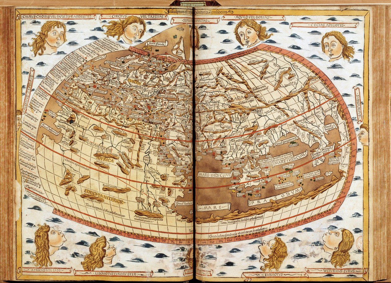 Verdenskart over Claude Ptolemee Menneskehodene som blåser luft representerer de forskjellige vindene (hvis navn er angitt). I latinsk geografi. til den mest salige far Paul II, Storpaven. Nicholas sine gaver." Geografimanuskript dedikert til pave Paul II. av Unknown artist