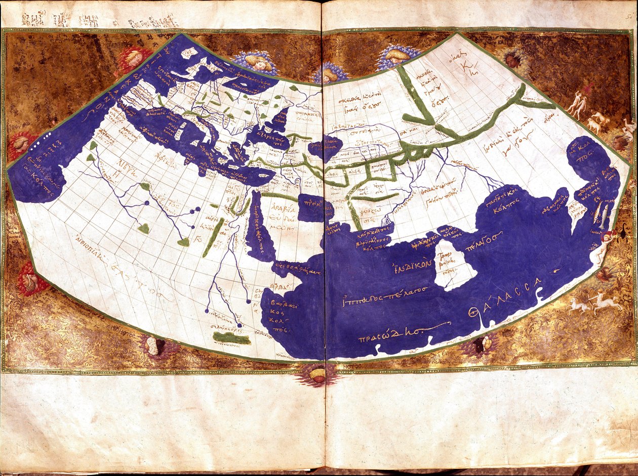 Verdenskart over Claudius Ptolemaeus (Claude Ptolemee, 90-168 ap JC), gresk astronom og astrolog - Representasjon av den flate jorden uten nord- og sørpolen og uten den amerikanske inneholder - 1400-tallsmanuskript - Venezia, Biblioteca Marciana av Unknown artist