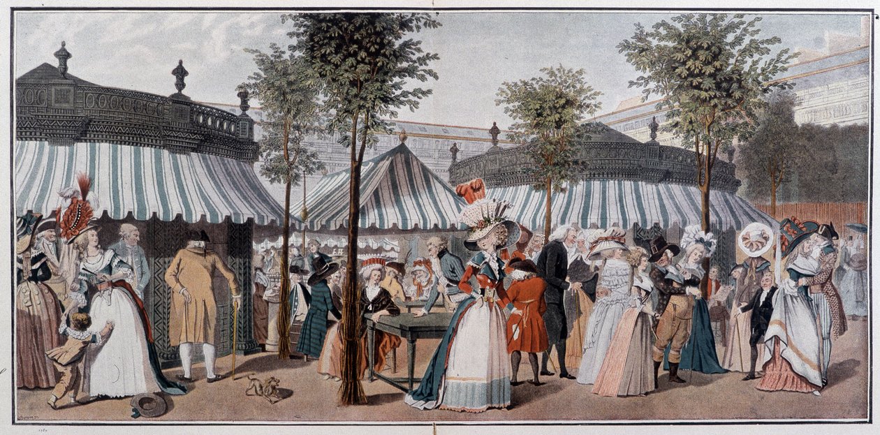 Verdensvandring gjennom hagen til det kongelige palasset, sent på 1700-tallet - kromo etter graveringen av Debucourt av Unknown artist