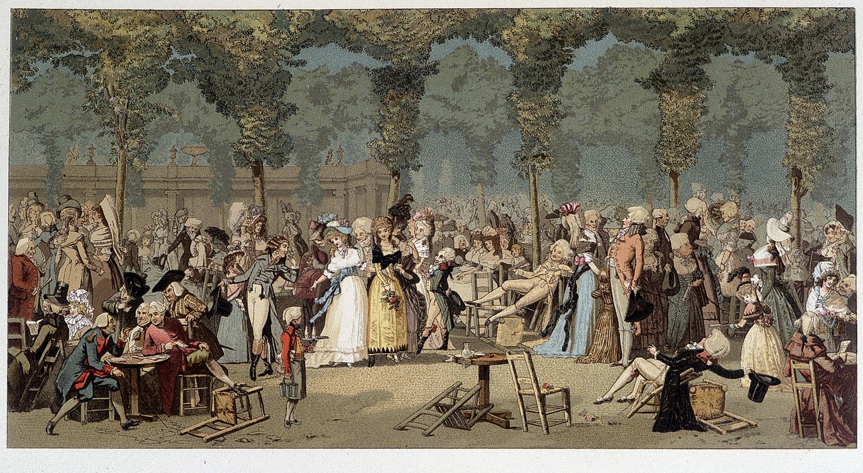 Verdensvandring gjennom hagen til det kongelige palasset, sent på 1700-tallet - kromo etter graveringen av Debucourt av Unknown artist