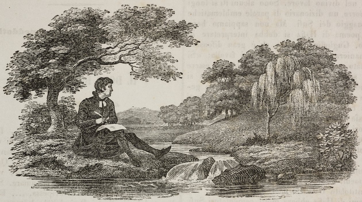 Forfatter under treet foran bekken, illustrasjon fra Universal Theatre, Encyclopedic and scenographic collection, nr. 575, 19. juli av Unknown artist
