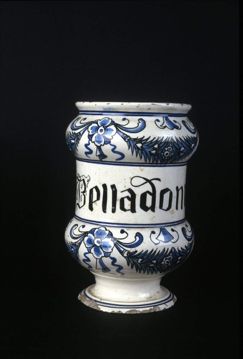 Apotekpotte fra det 16. århundre som inneholder Belladonna, giftig urt brukt i apotek. Museum for vitenskap og teknologi, Milano. av Unknown artist