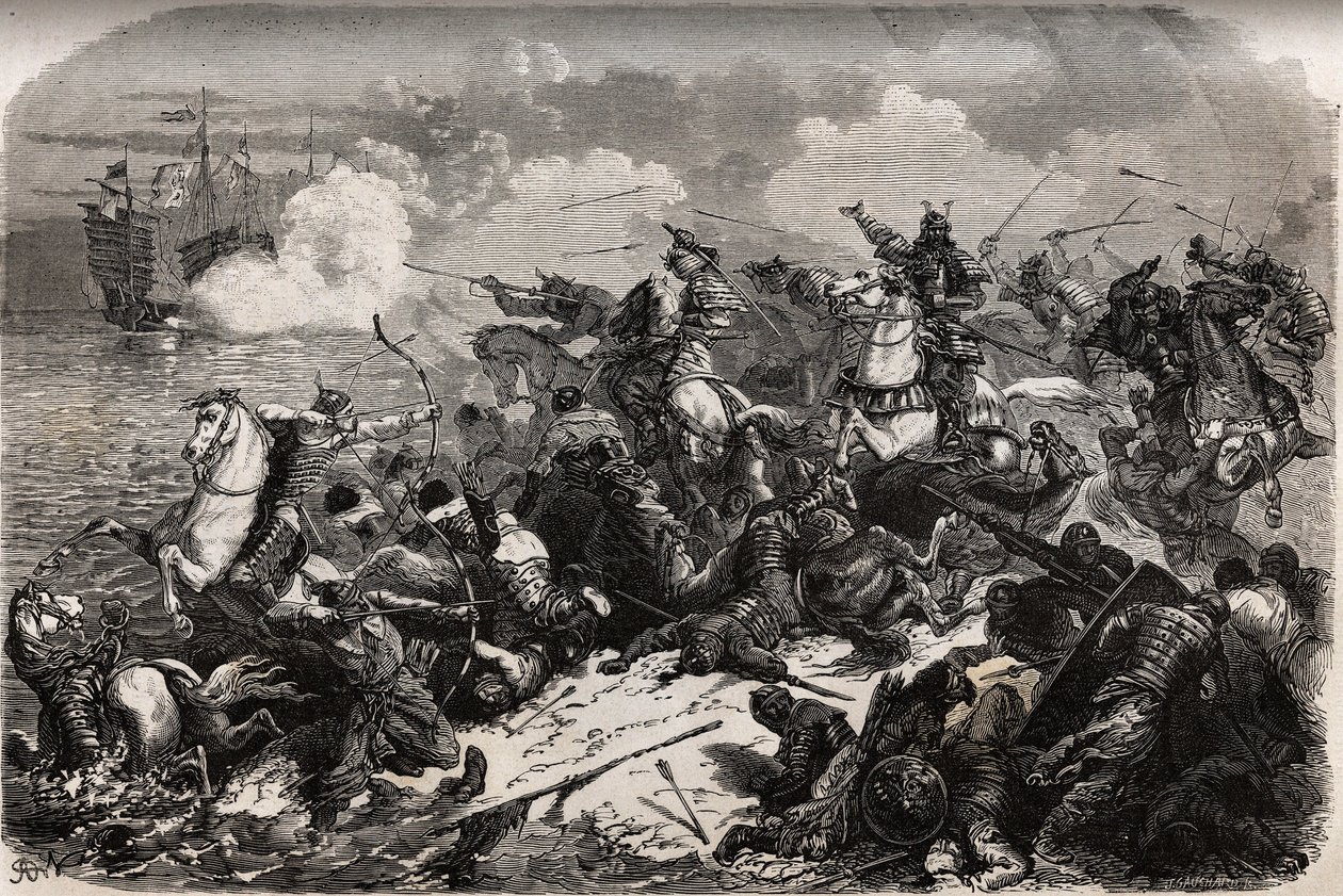 Yori Omo og en samurai-hær frastøter invasjonen av mongolene i 1274 ledet av Qubilai (Kubilai Khan, første keiser av det mongolske Yuan-dynastiet (1215-1294), men tyfoner (kami kaze: gudenes vind) avviser og kantre mongolerne flåten, sparer Japan av Unknown artist