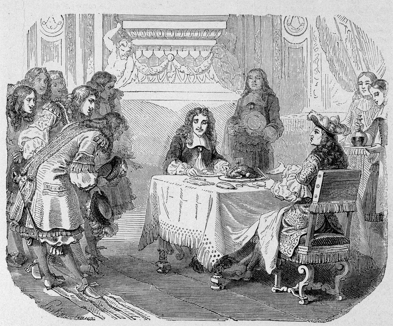 Dere ser meg, mine herrer, sa kongen, er opptatt med å spise Moliere: Louis XIV og Moliere attables - i «Paris gjennom århundrene»» av Unknown artist