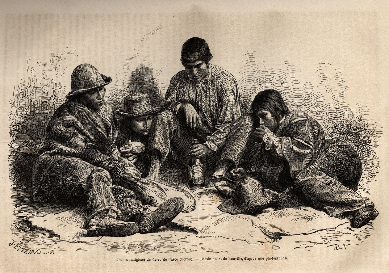 Unge indianere fra Cerro de Pasco (sentrale Peru), samles til frokost. Gravering for å illustrere Les iles Chincha, rettet av L.Simonin, i 1860, publisert i "Le tour du monde, nouveau journal des voyages", redigert av Edouard Charton av Unknown artist