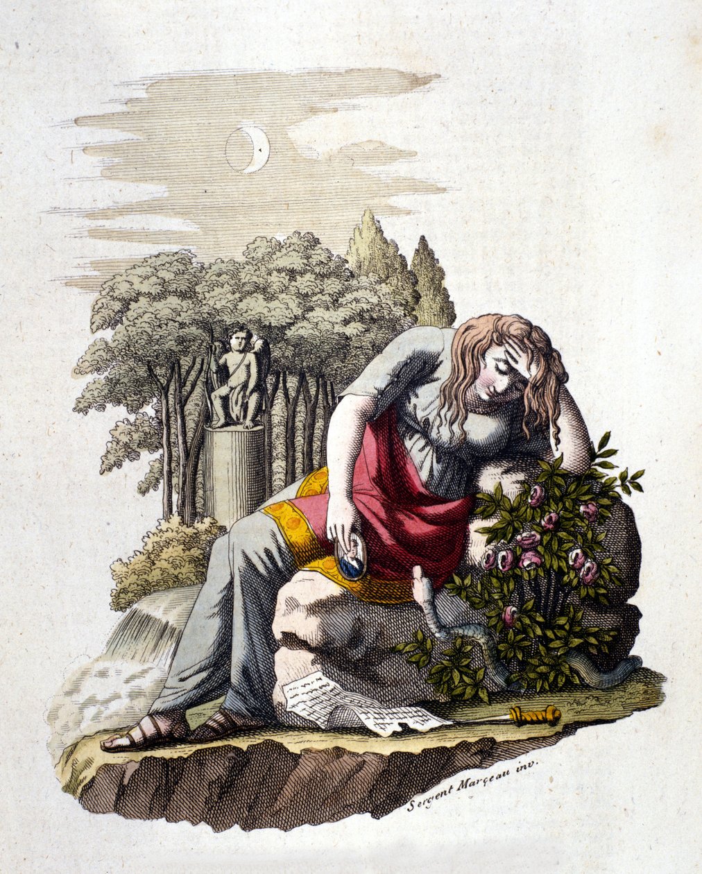 Ung jente gråter etter å ha lest et brev fra kjæresten sin. av Unknown artist