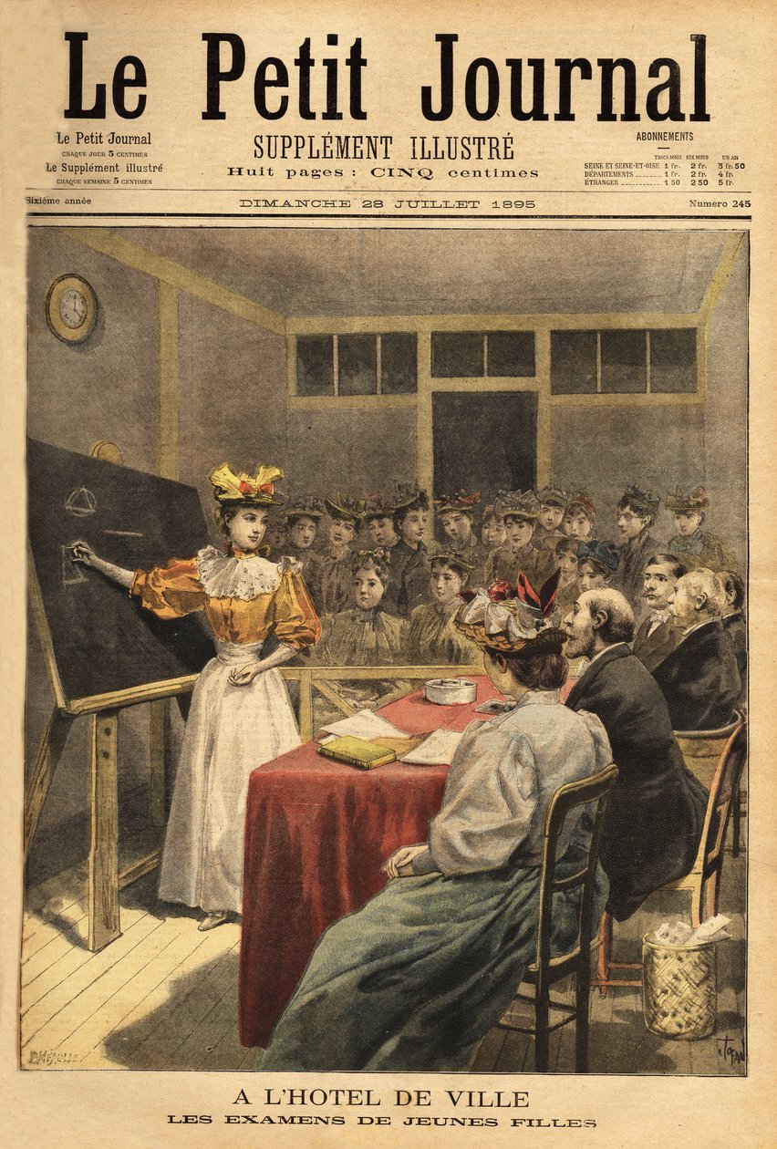 Unge jenter eksamener i Paris rådhus. Gravering i "" Le petit journal"" 28.07.1895. Selvas samling. av Unknown artist