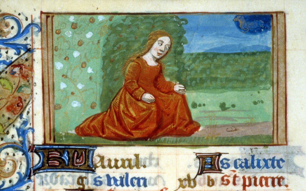 Ung kvinne i en hage og dyrekretsen Taurus - Miniatyr av Unknown artist