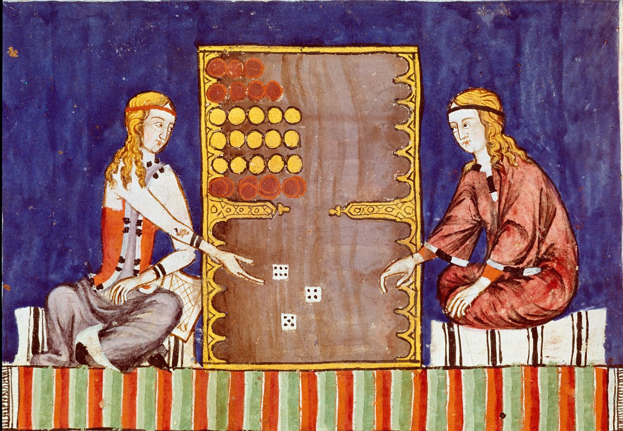 Unge kvinner spiller tric trac (tri-trac), stamfar til Backgammon - Miniatyr fra manuskriptet "Libro de los juegos"" av Alphonse X the Wise or the Savant (på spansk, Alfonso X el Sabio av Unknown artist