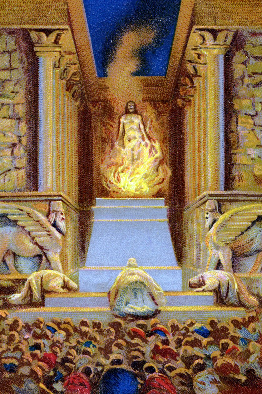 Zarathustra (Zarathushtra, Zarathushtra, Zarathustra eller Zoroastra) døde i tempelet omgitt av flammen. Chromolithograh fra 1800-tallet. av Unknown artist
