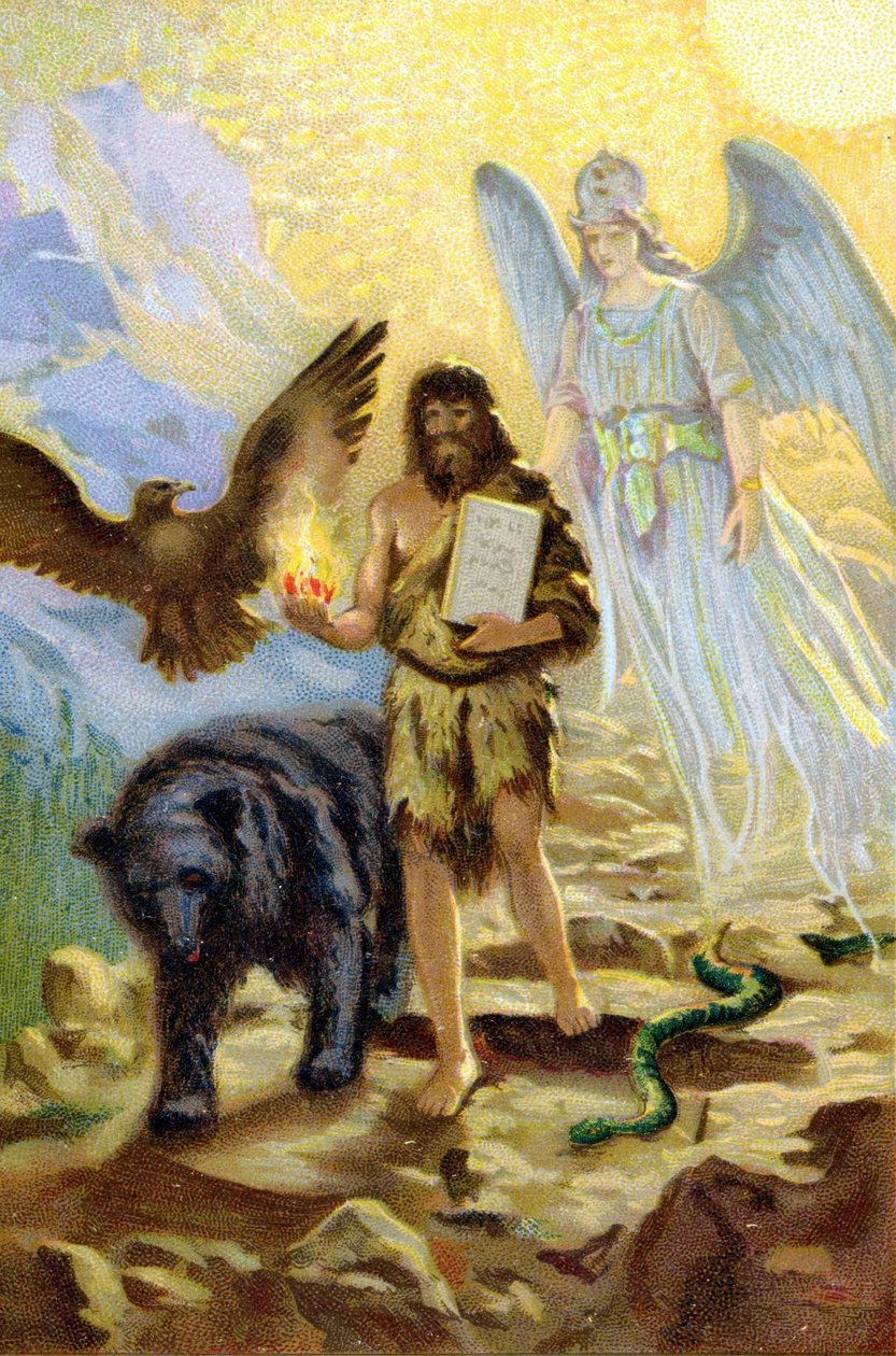 Zarathustra (Zarathushtra, Zarathustra eller Zoroastra), guidet av erkeengelen og ledsaget av dyr som ville holde ham følgesvenn under hans retrett på fjellet, stiger ned mellom menn for å bære lovens bord mottatt av Ahura Mazda av Unknown artist
