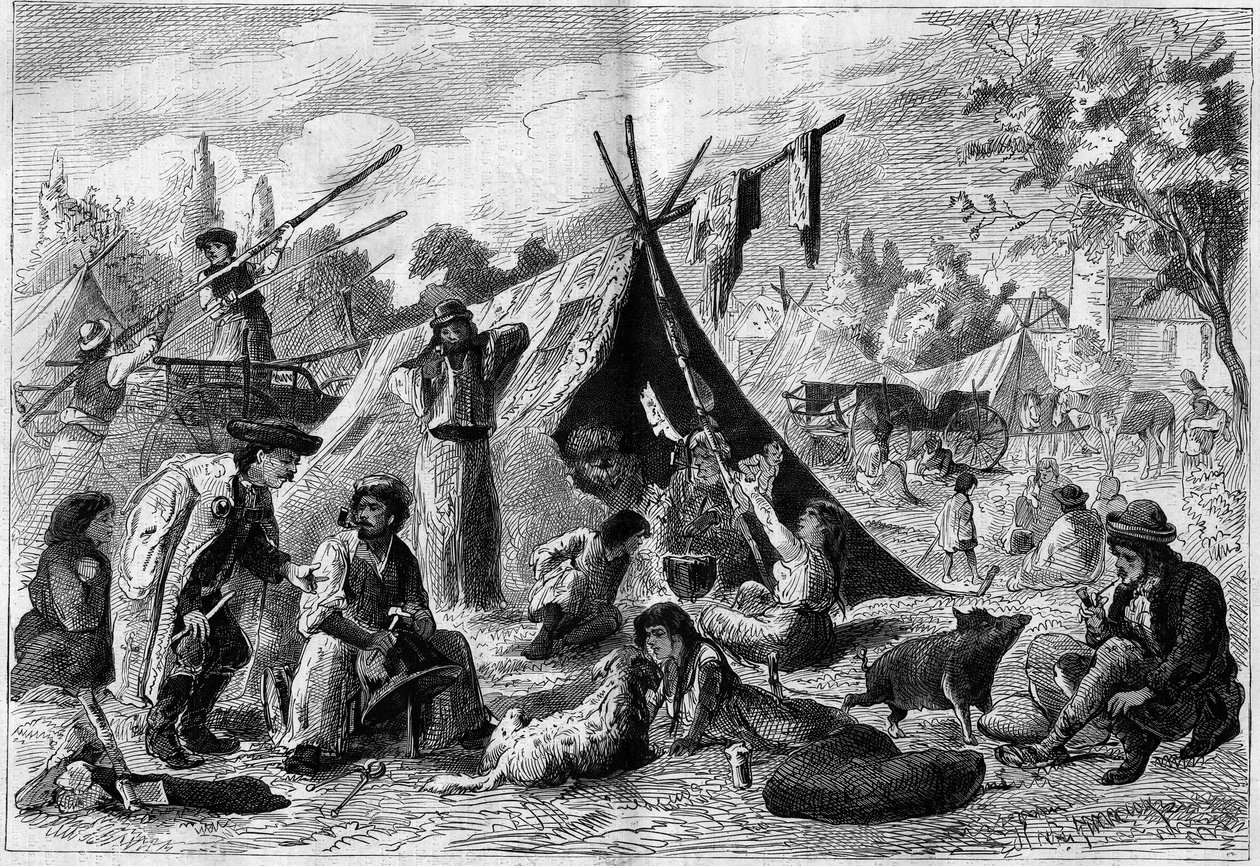 Zingari camp (a bohemian camp) in the suburb of Vienna in Austria in 1873. av Unknown artist