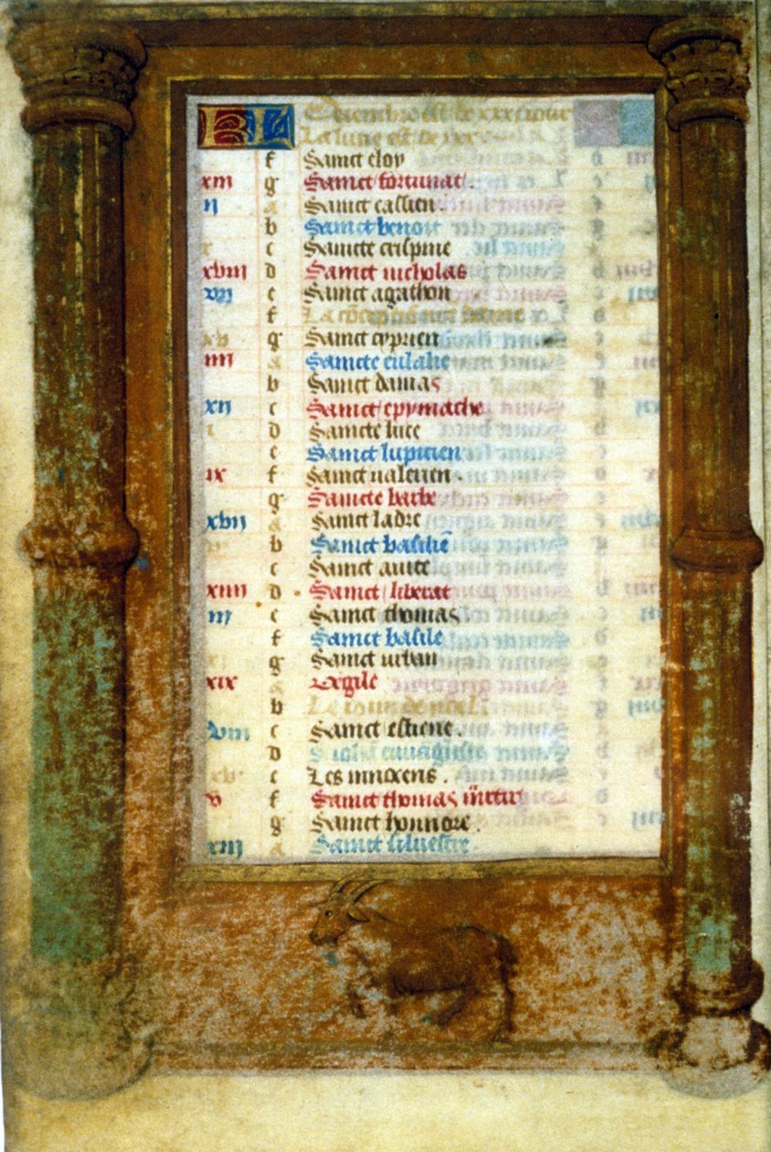 Stjernetegn Steinbukken og de hellige i desember - miniatyr middelalder (ref.: 135, 006v): Forespørsel om tillatelse til kommunalbiblioteket i Toulouse (tlf: 05 62 27 66 66) av Unknown artist