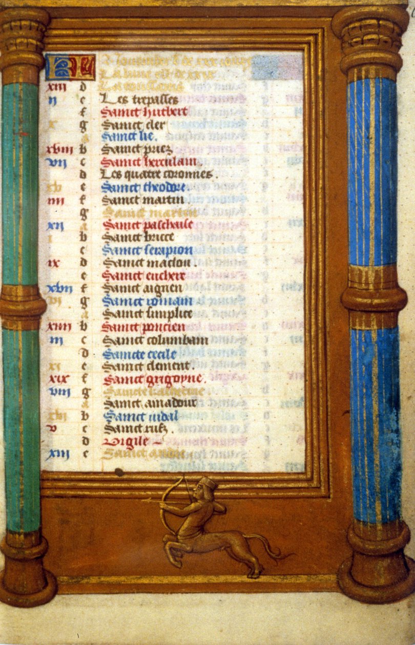Zodiac Skytten og helgener for november måned - middelalder i miniatyr (ref.: 135, 006r): forespørsel om tillatelse fra kommunalbiblioteket i Toulouse (tlf: 05 62 27 66 66) av Unknown artist