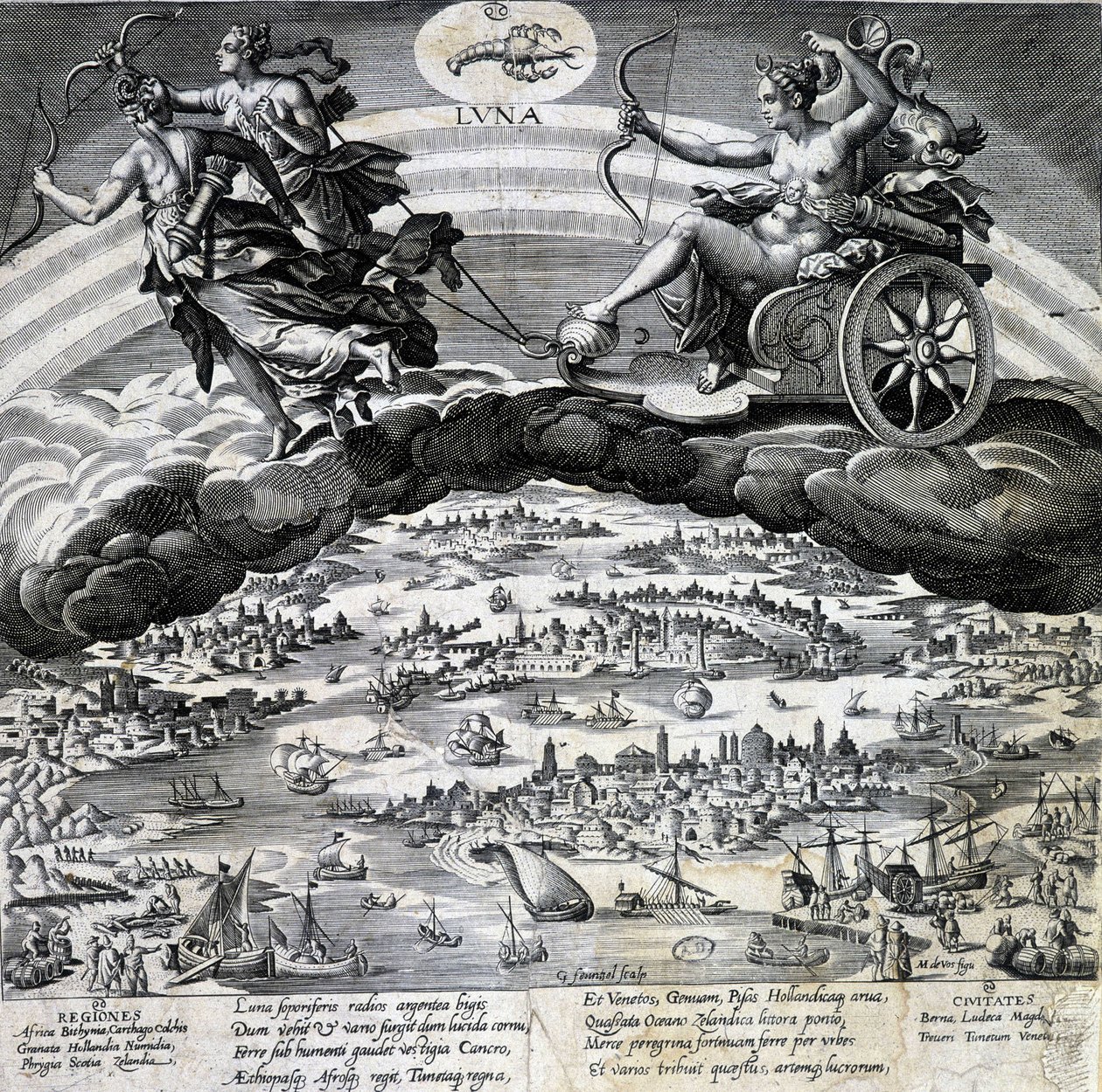 Stjernetegn Kreft. Moon, representasjon av tanken til Semelee. Gravering av 1800-tallet. av Unknown artist