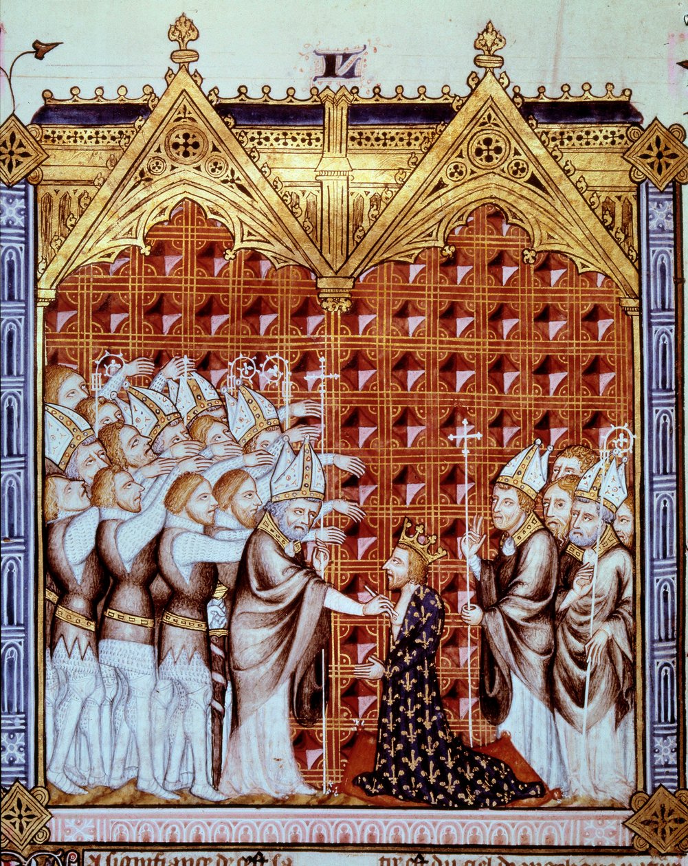 salvelse av kongen av Frankrike, i nærvær av eveques og hans baroner. Miniatyr i "" Rational des divins offices"" (folio 44v) av Unknown artist