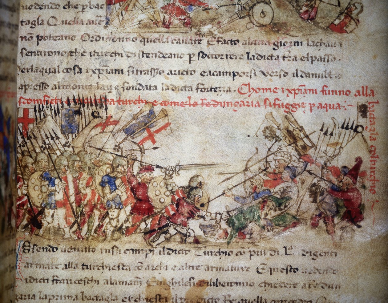 korsfarernes nederlag i 1396 - i "" Chronicles of Sercambi "", v. 1400. Riksarkivet, Lucca. av Unknown artist