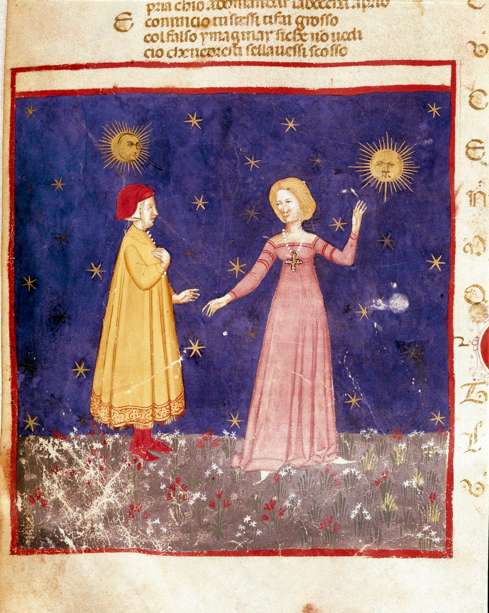 første himmel: Dante møter Beatrice i paradis. Opplyst side som illustrerer en sang fra Paradiset fra "Divina Commedia" av Dante Alighieri (1265-1321). 1300-tallet, Venezia, Biblioteca Marciana av Unknown artist