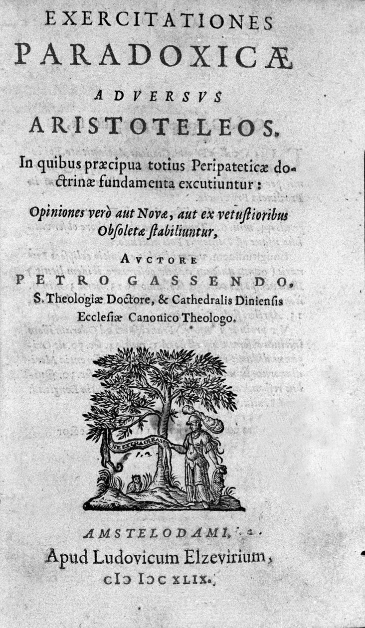 frontispice av ""The Paradoxical Exercises Against Aristoteles"" av Pierre Gassendi (1592-1655), fransk filosof, astronom, matematiker og fysiker. av Unknown artist