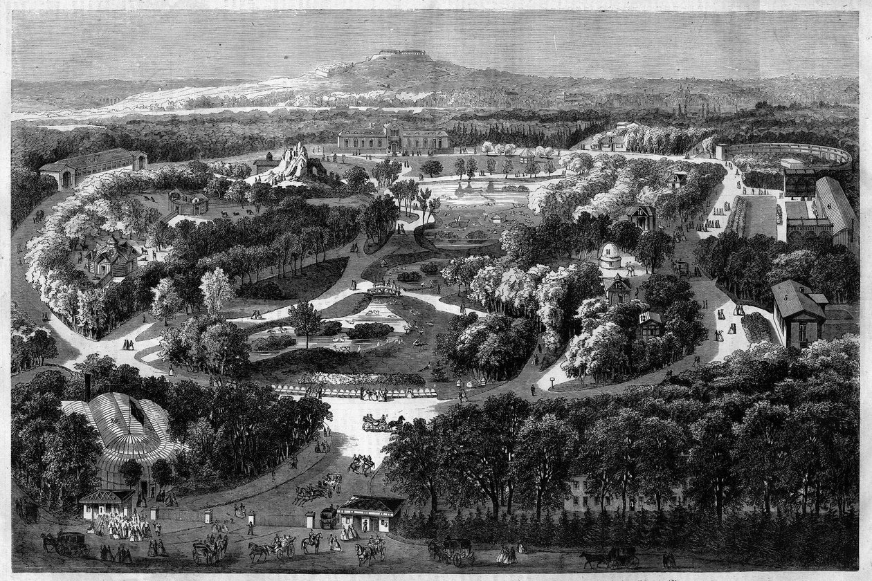 generell utsikt over akklimatiseringshagen til Bois de Boulogne tilbudt og innviet av Napoleon III i 1860, og kombinerer natur, frodig flora og eksotiske dyr, i "" l