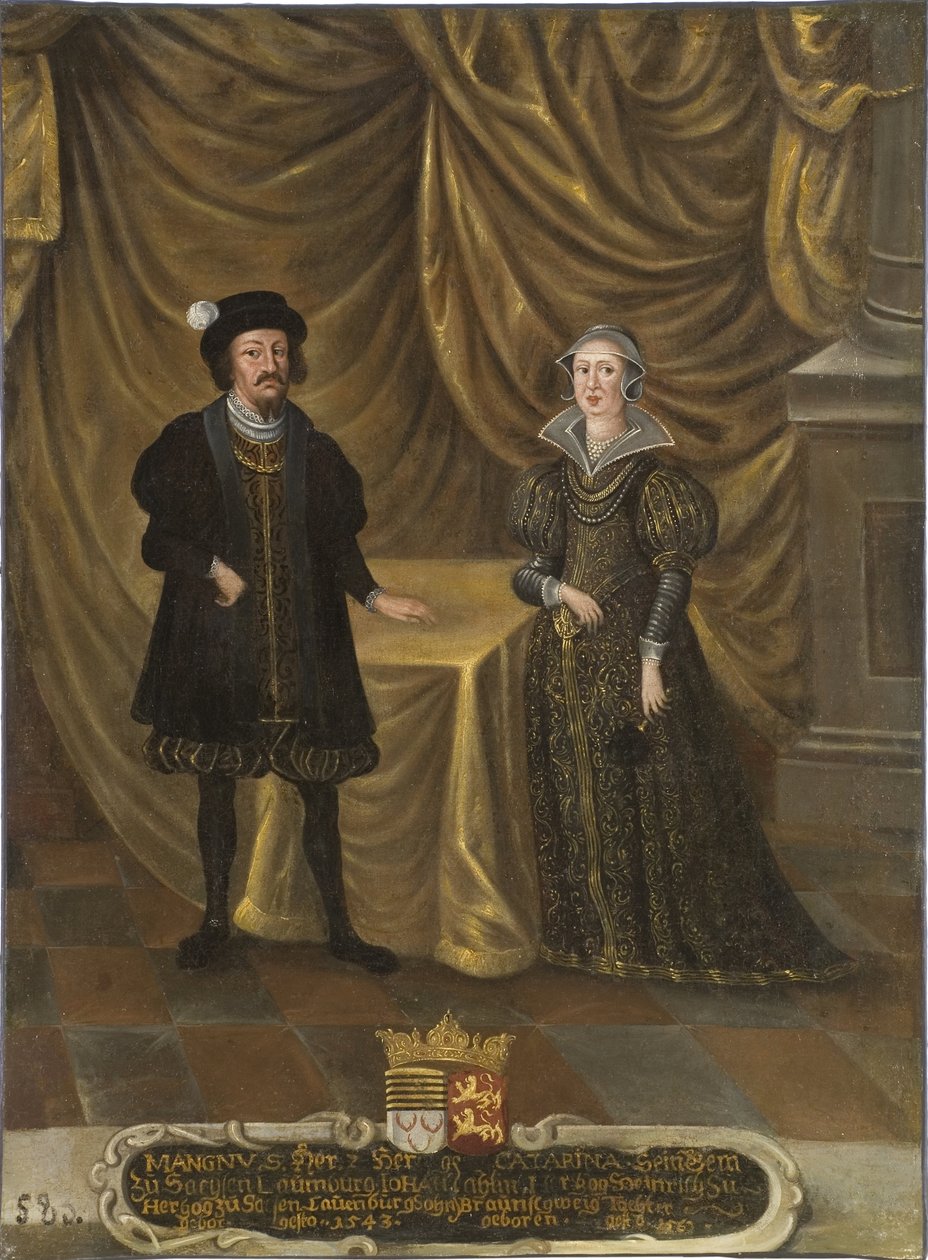 le prince Magnus I de Saxe Lauenbourg et la princesse Catherine de Brunswick Wolfenbuttel - Magnus I (1470-1543), hertugen av Sachsen-Lauenburg og Katarina av Brunswick-Wolfenbuettel (1488-1563), hertuginne av Sachsen-Lauenburg, anonym . Olje på lerret. Di av Unknown artist