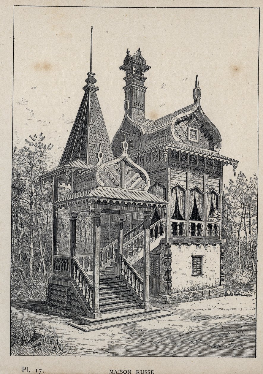 Russisk hus - Russisk hus - gravering av 1889 i "History of human habitation at the Universal Exhibition of 1889, by Mr Charles GARNIER - Librairie centrale des beaux-arts Paris 1889 av Unknown artist