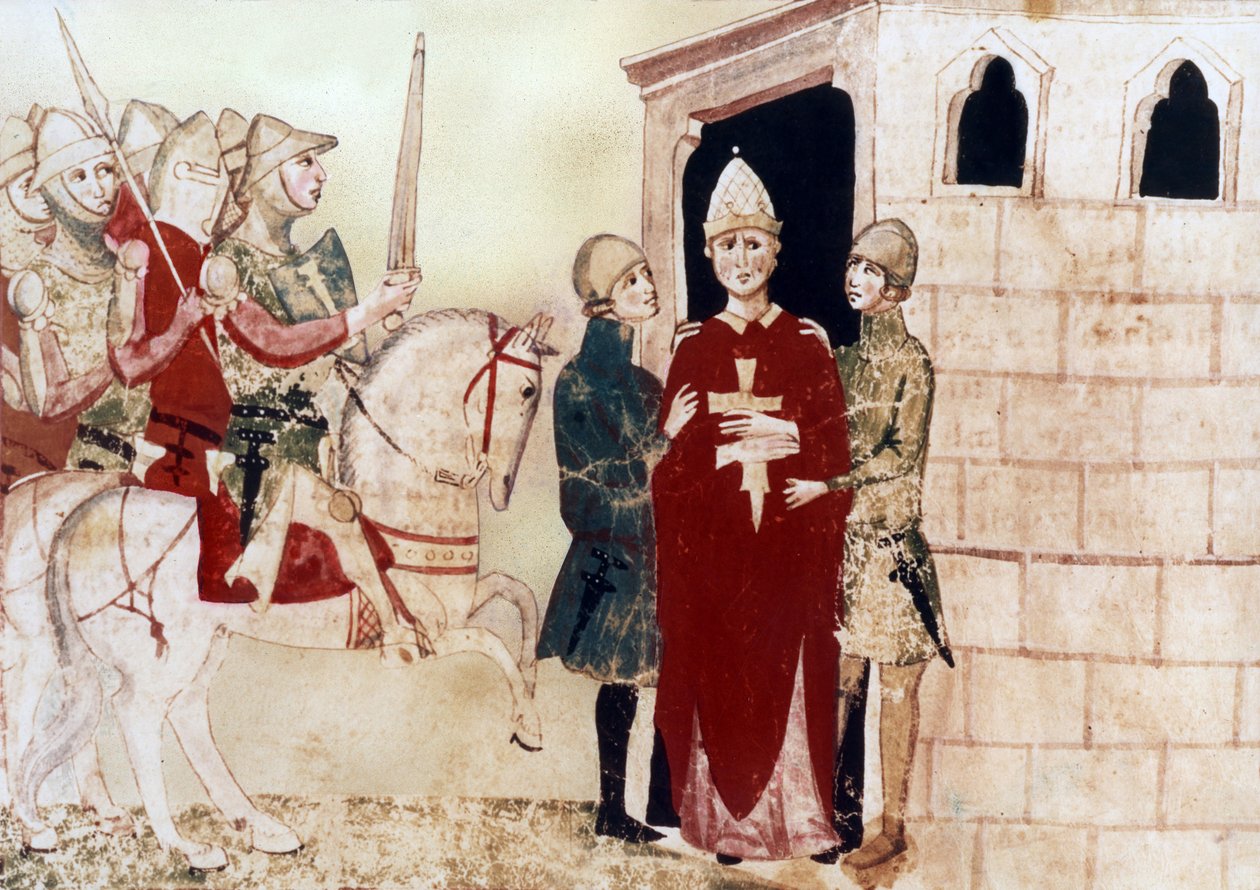 pave Boniface VIII (1294-1303) her fange i Anagni i 1303, illustrasjon fra 1300-tallets manuskript av Unknown artist