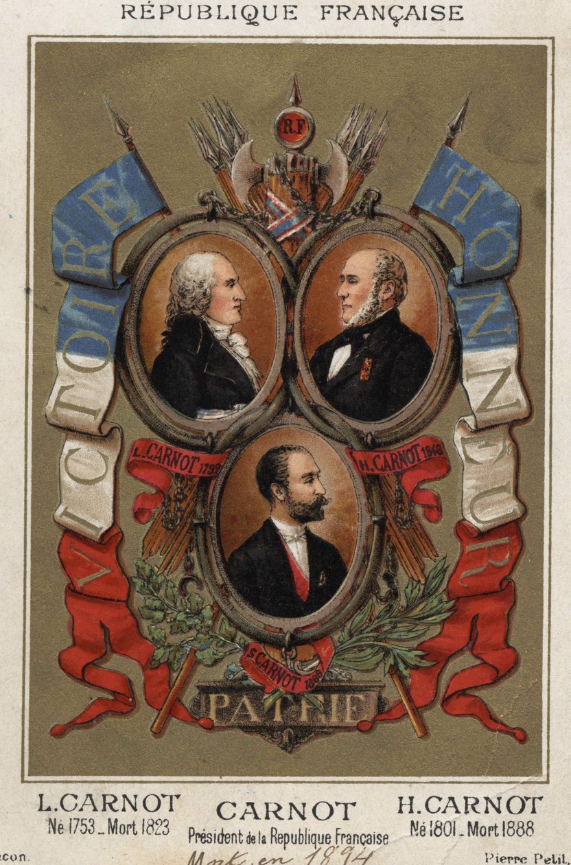 portretter av Lazare Carnot fransk politiker (1753-1823), Hyppolite Carnot (1801 til 1888) og Sadi Carnot president i den franske republikken. av Unknown artist