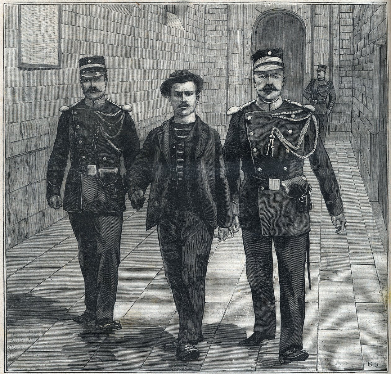the Italian anarchist Luigi Luccheni (Lucheni) assassin of the Impress Elizabeth of Austria (Sissi) brought to the Court of Justice in 1898. av Unknown artist