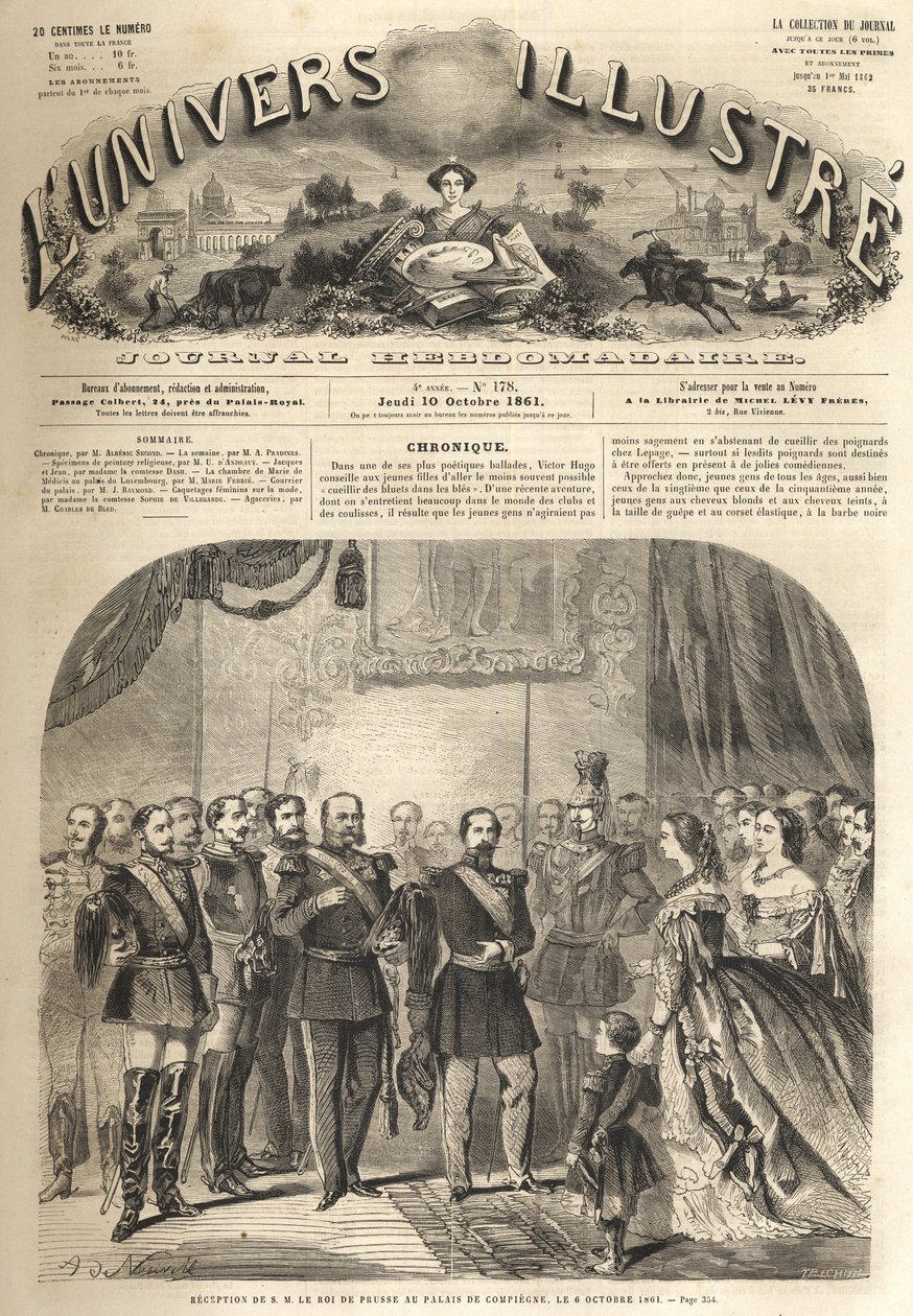the visit of William, the king of Prussia, to Napoleon III, the emperor of the French, at Compiegne, France 1861 - Visit of William I of Prussia (1797-1888) to Compiegne en presence of Napoleon III - Engraving from “” The Illustrous Universe” av Unknown artist