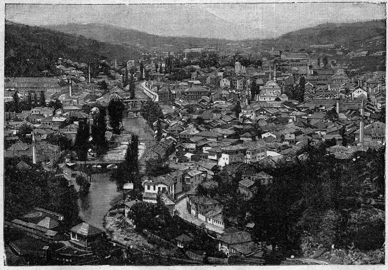 view of the city of Sarajevo in 1894 - view of the city of Sarajevo in 1894 - engraving av Unknown artist