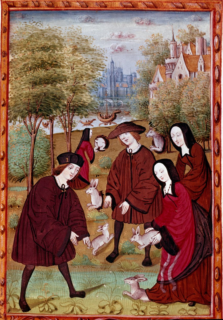 unge mennesker som leker med kaniner Miniatyr fra "" Histoire de Jean III de Brush og hans kone Louise de Laval"" (fr. 1475) Chantilly, Musee Conde av Unknown artist