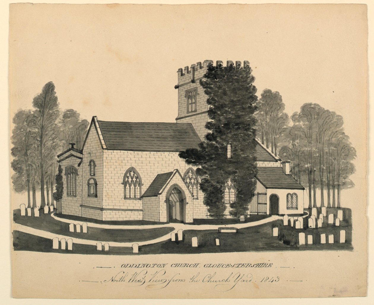 Oddington Church Yard, Gloucestershire, North West View av Unknown, English