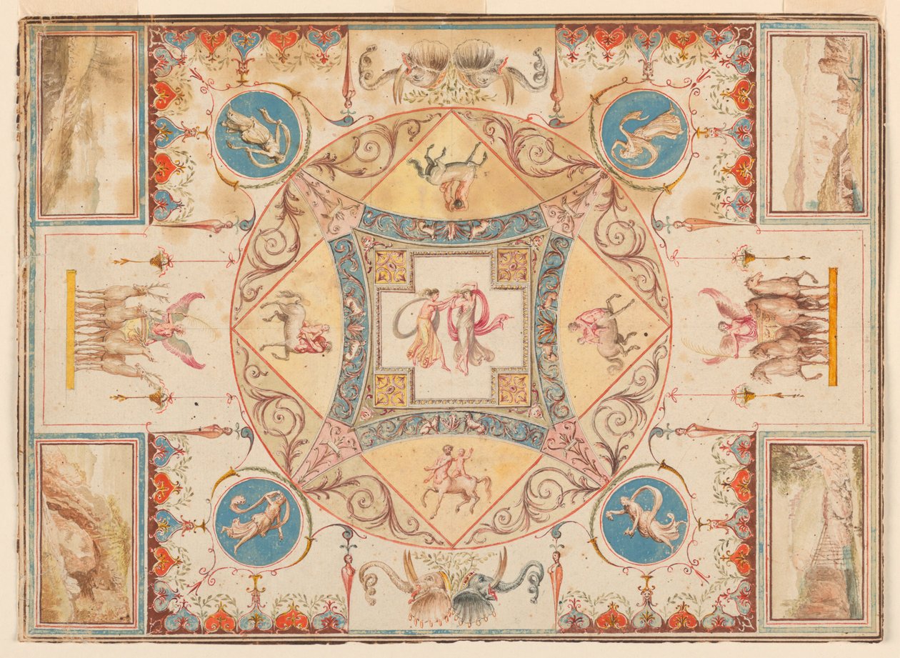 Tak i Hadrians villa, med nymfer, kentaurer, hjorter og elefanter av Unknown, Italian