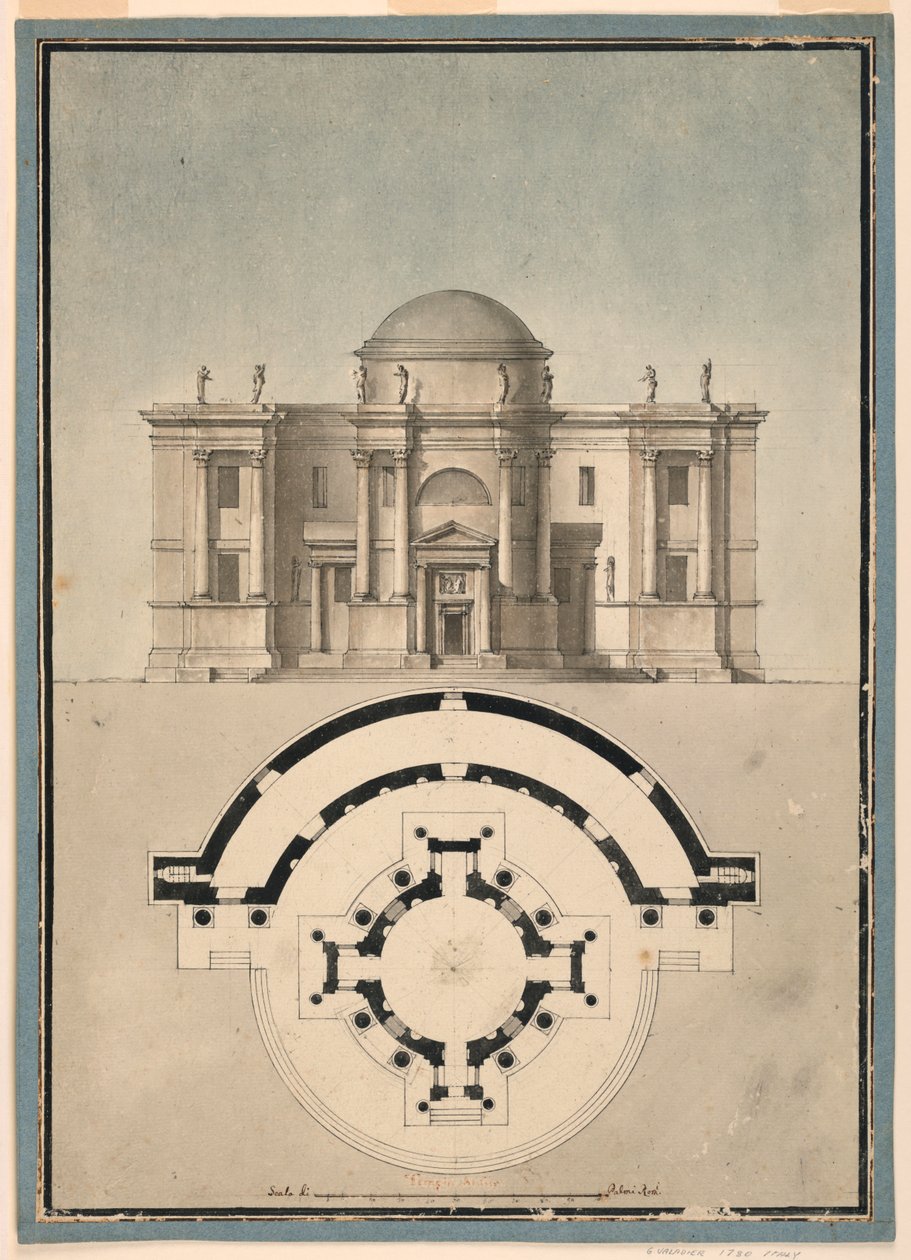 Design for et klassisk tempel med en Tempietto og halvsirkelformet aedicule av Unknown, Italian