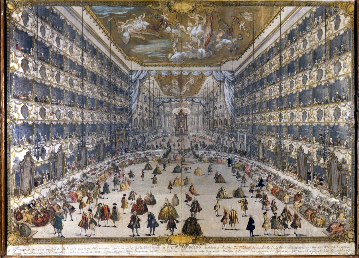 (Teater Regio Ducal i Milano) Teatro regio Ducale i Milano (blir Teatro alla Scala etter brannen): fest for fødselen av Peter Leopold, erkehertug av Østerrike, deretter Leopold II, keiser (1747-1792) av Østerrike. 28.5.1747. av Unknown artist